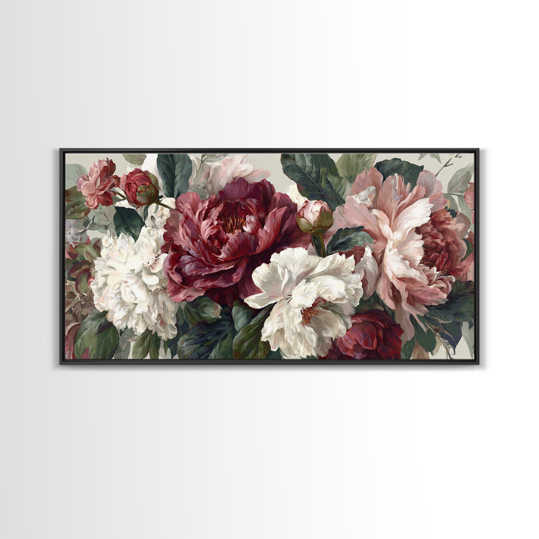 Romantic Oversized Peony Bloom on Warm Linen Canvas Print, Above Bed Art, Digital Art, Bedroom Decor, Fine Art, Serenity, ABA-2x1-70