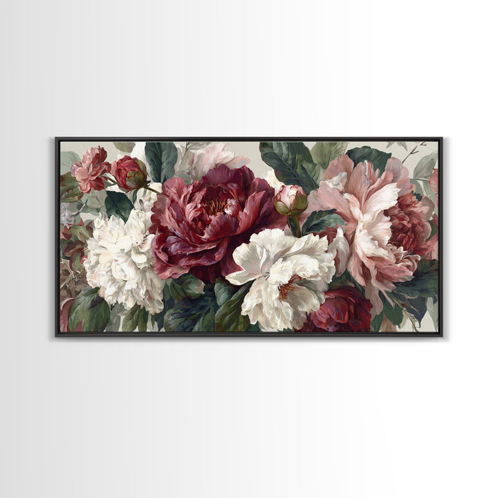 Romantic Oversized Peony Bloom on Warm Linen Canvas Print, Above Bed Art, Digital Art, Bedroom Decor, Fine Art, Serenity, ABA-2x1-70