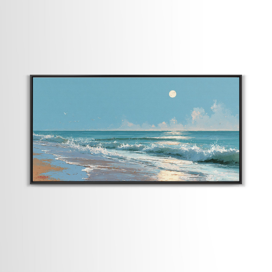 Quiet Moon over a Calm Ocean Horizon Canvas Print, Above Bed Art, Boho Decor, Bedroom Decor, Serenity, Statement Artwork, ABA-2x1-71