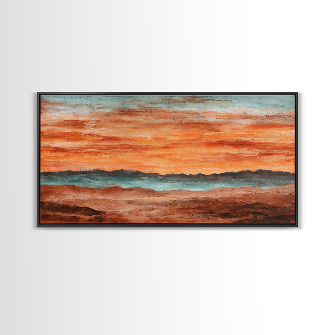 Dreamy Desert Sunset Framed Canvas Print, Above Bed Art, Statement Artwork, Bedroom Decor, Fine Art, Serenity, ABA-2x1-75
