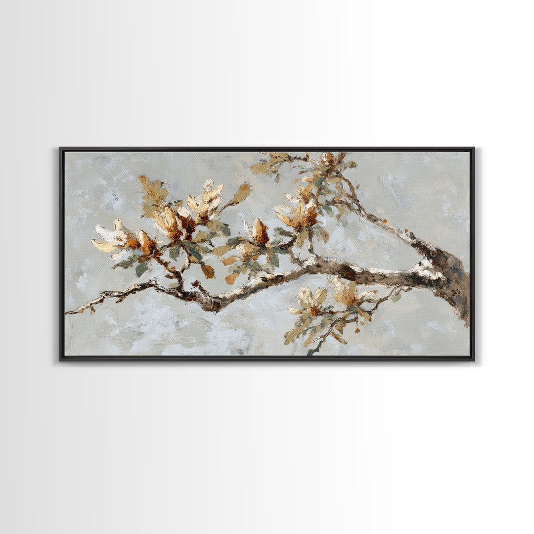 Delicate Magnolia Branch on Cream Background Framed Canvas Print, Above Bed Art, Boho Wall Art, Bedroom Decor, Watercolor Art, ABA-2x1-84