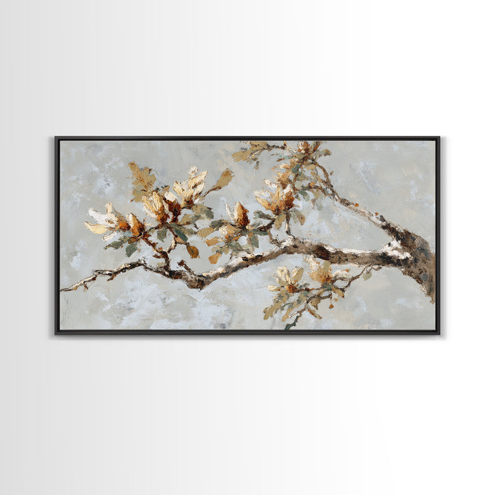 Delicate Magnolia Branch on Cream Background Framed Canvas Print, Above Bed Art, Boho Wall Art, Bedroom Decor, Watercolor Art, ABA-2x1-84