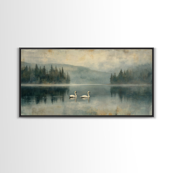 Paired Swans in a Dreamy Painterly Lake Framed Canvas Print, Above Bed Art, Digital Prints, Bedroom Decor, Fine Art, Serenity, ABA-2x1-90