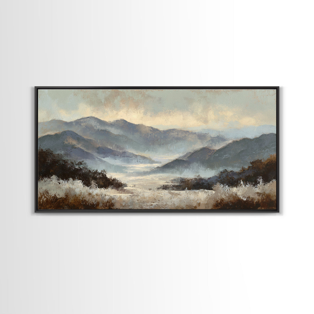 Panoramic Misty Mountain Landscape Canvas Print, Above Bed Art, Textured Wall Art, Bedroom Decor, Fine Art, Serenity, ABA-2x1-93