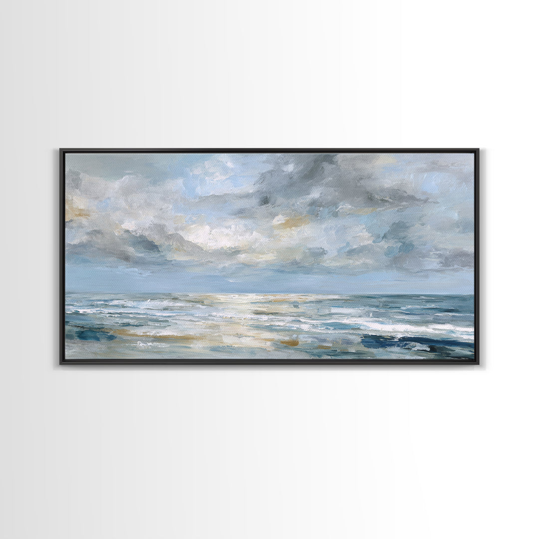 Quiet Moon over a Calm Ocean Horizon Framed Canvas Print, Above Bed Art, Bedroom Wall Decor, Bedroom Decor, Oil Painting, ABA-2x1-95