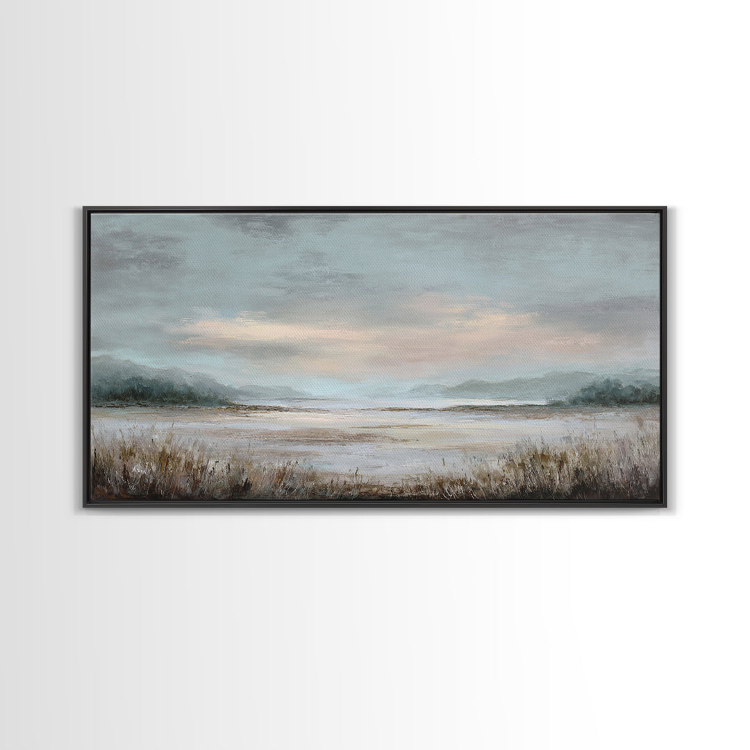 Tranquil Cloudscape with Blush Undertones Framed Canvas Print, Above Bed Art, Digital Print, Bedroom Decor, Fine Art, Serenity, ABA-2x1-97