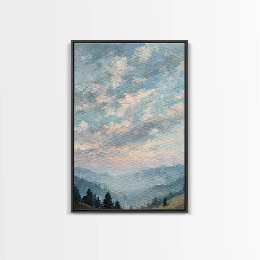 Tranquil Cloudscape with Blush Undertones Framed Canvas Print, Above Bed Art, Digital Art, Bedroom Decor, Fine Art, Serenity, ABA-2x3-13
