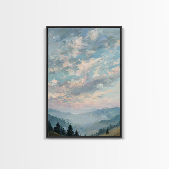 Tranquil Cloudscape with Blush Undertones Framed Canvas Print, Above Bed Art, Digital Art, Bedroom Decor, Fine Art, Serenity, ABA-2x3-13