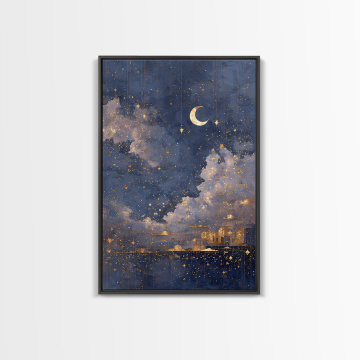 Subtle Celestial Scene Framed Canvas Print, Above Bed Art, Bedroom Decor, Oil Painting, Serenity, Textured Wall Art, ABA-2x3-21