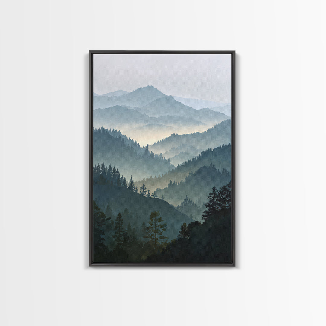 Quiet Forest Ridge Softened by Fog Framed Canvas Print, Above Bed Art, Textured Painting, Bedroom Decor, Fine Art, Serenity, ABA-2x3-22