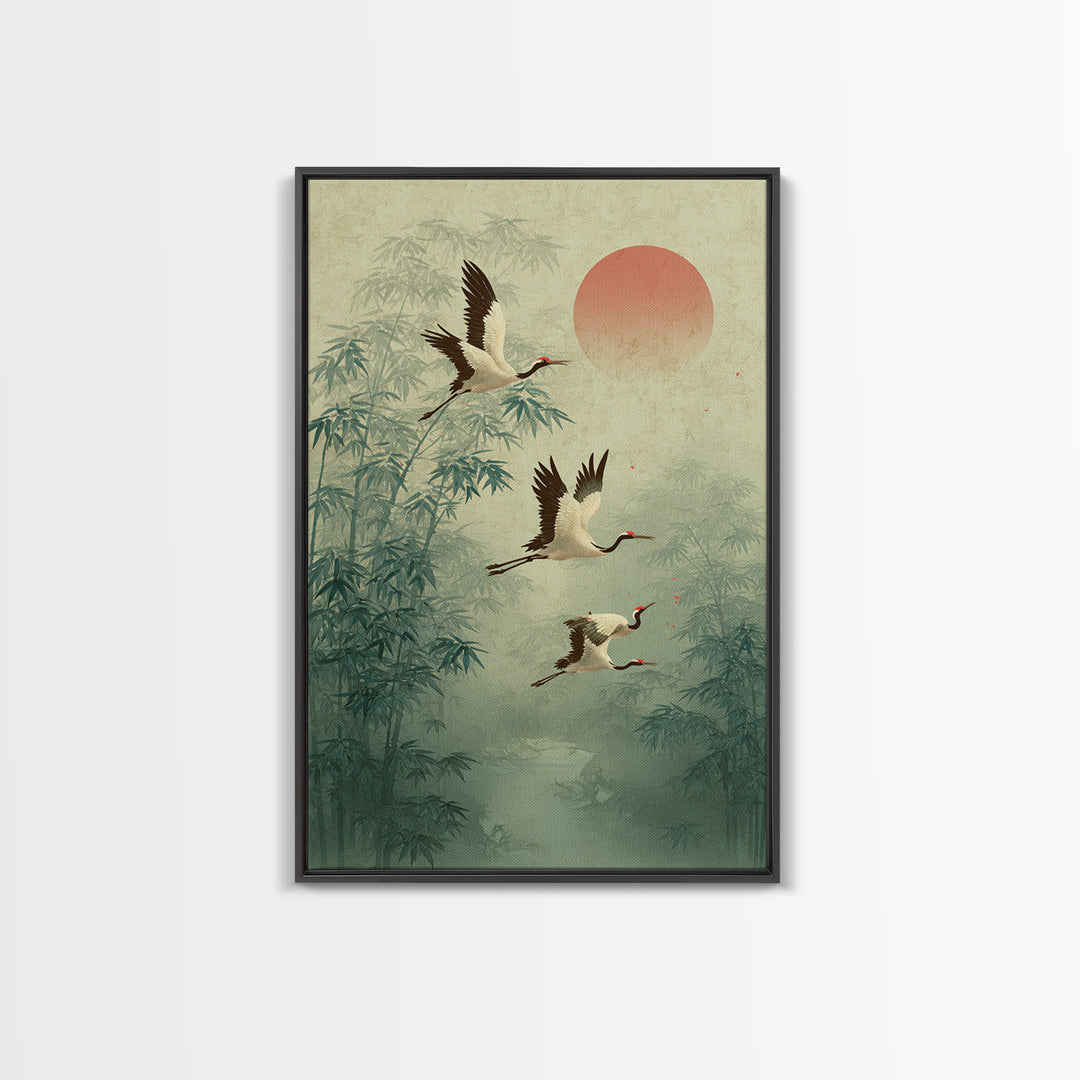 Ethereal Cranes Flying Through Pale Morning Mist Canvas Print, Above Bed Art, Printable Wall Art, Bedroom Decor, Serenity, ABA-2x3-41