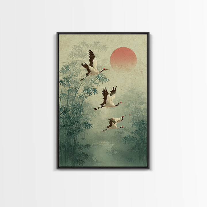 Ethereal Cranes Flying Through Pale Morning Mist Canvas Print, Above Bed Art, Printable Wall Art, Bedroom Decor, Serenity, ABA-2x3-41