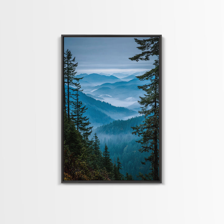 Quiet Forest Ridge Softened by Fog Framed Canvas Print, Above Bed Art, Textured Painting, Bedroom Decor, Fine Art, Serenity, ABA-2x3-46