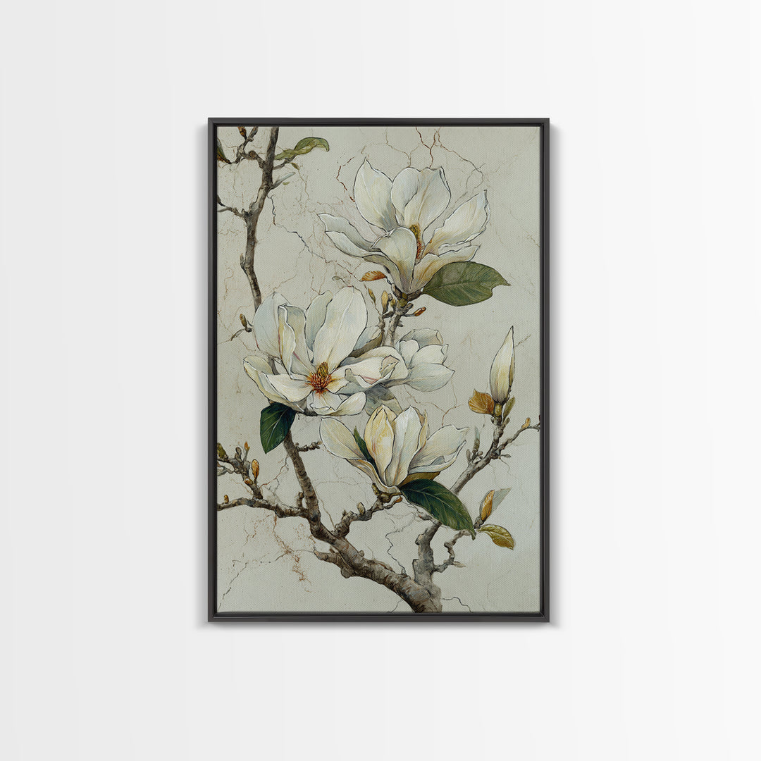 Delicate Magnolia Branch on Cream Background Framed Canvas Print, Above Bed Art, Statement Artwork, Bedroom Decor, Serenity, ABA-2x3-48
