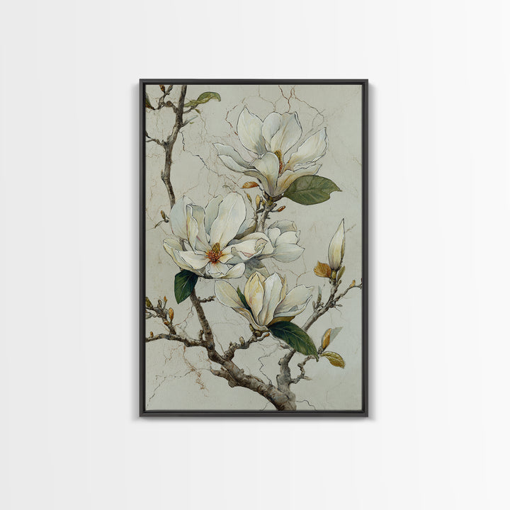 Delicate Magnolia Branch on Cream Background Framed Canvas Print, Above Bed Art, Statement Artwork, Bedroom Decor, Serenity, ABA-2x3-48