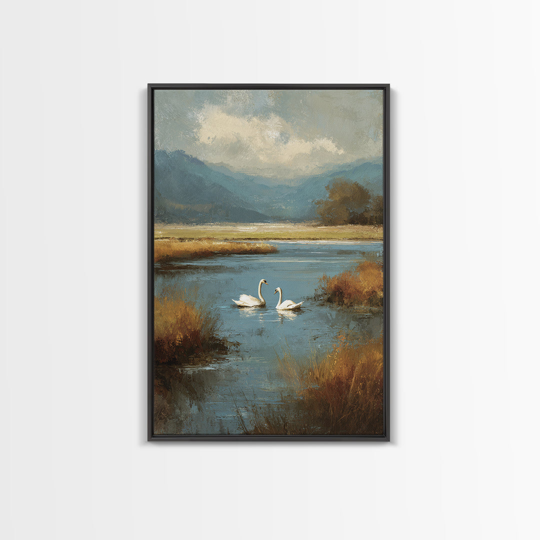 Paired Swans in a Dreamy Painterly Lake Canvas Print, Above Bed Art, Minimalist Decor, Bedroom Decor, Fine Art, Serenity, ABA-2x3-54