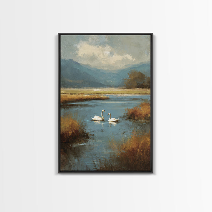 Paired Swans in a Dreamy Painterly Lake Canvas Print, Above Bed Art, Minimalist Decor, Bedroom Decor, Fine Art, Serenity, ABA-2x3-54