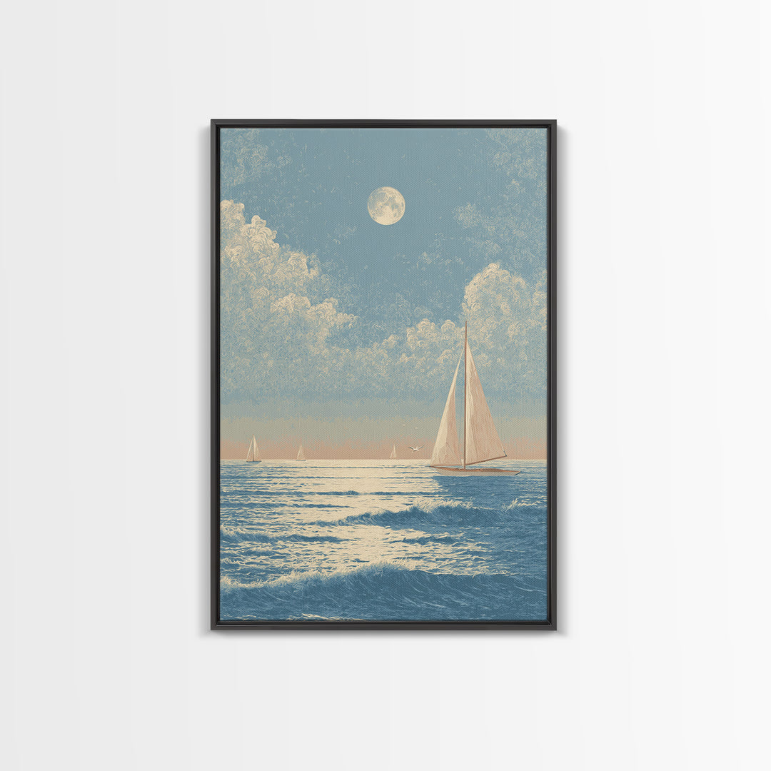 Quiet Moon over a Calm Ocean Horizon Framed Canvas Print, Above Bed Art, Digital Art, Bedroom Decor, Fine Art, Serenity, ABA-2x3-59