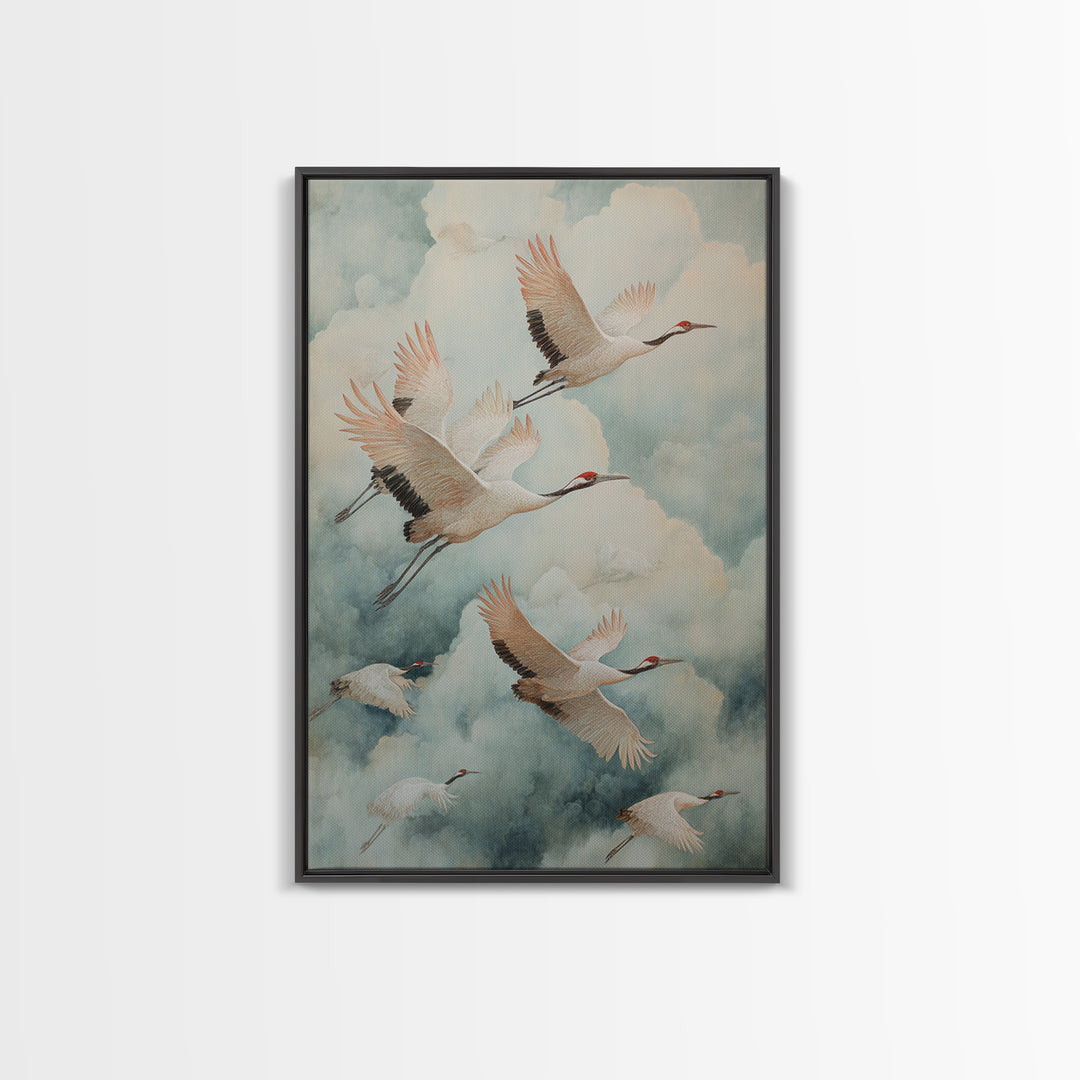 Ethereal Cranes Flying Through Pale Morning Mist Canvas Print, Above Bed Art, Canvas Wall Art, Bedroom Decor, Serenity, ABA-2x3-65