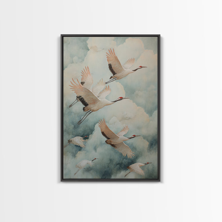 Ethereal Cranes Flying Through Pale Morning Mist Canvas Print, Above Bed Art, Canvas Wall Art, Bedroom Decor, Serenity, ABA-2x3-65