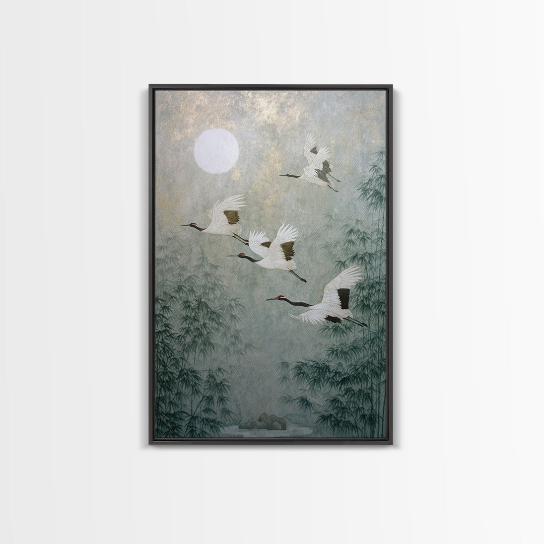 Ethereal Cranes Flying Through Pale Morning Mist Canvas Print, Above Bed Art, Living Room Decor, Bedroom Decor, Serenity, ABA-2x3-89