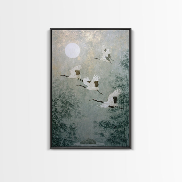 Ethereal Cranes Flying Through Pale Morning Mist Canvas Print, Above Bed Art, Living Room Decor, Bedroom Decor, Serenity, ABA-2x3-89
