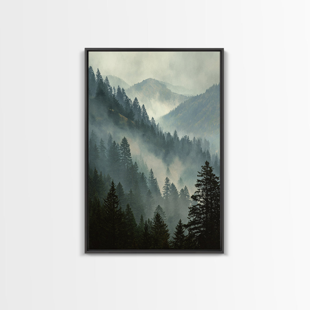 Quiet Forest Ridge Softened by Fog Framed Canvas Print, Above Bed Art, Large Wall Art, Bedroom Decor, Fine Art, Serenity, ABA-2x3-94