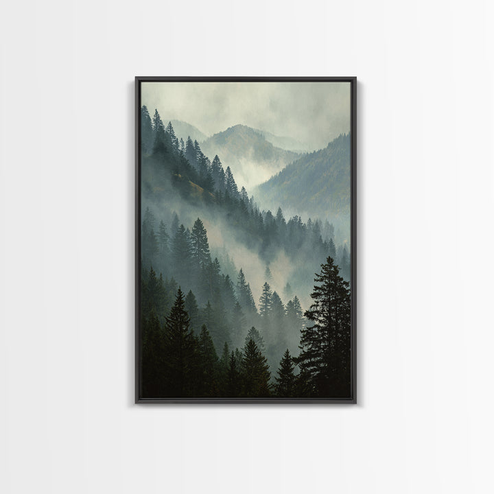 Quiet Forest Ridge Softened by Fog Framed Canvas Print, Above Bed Art, Large Wall Art, Bedroom Decor, Fine Art, Serenity, ABA-2x3-94