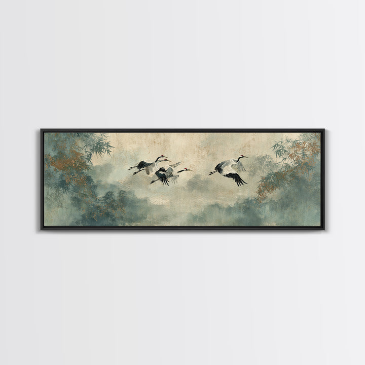 Ethereal Cranes Flying Through Pale Morning Mist Framed Canvas Print, Above Bed Art, Apartment Decor, Bedroom Decor, Serenity, ABA-3x1-1