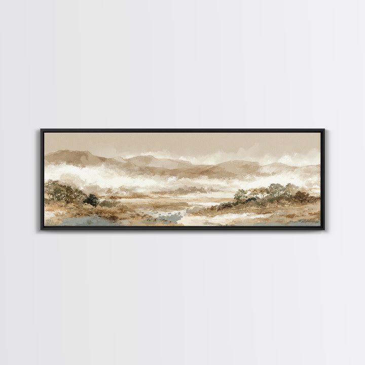 Panoramic Misty Mountain Landscape Framed Canvas Print, Above Bed Art, Boho Wall Art, Bedroom Decor, Fine Art, Serenity, ABA-3x1-17