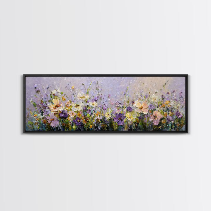 Wide Meadow of Muted Wildflowers at Dusk Framed Canvas Print, Above Bed Art, Bedroom Decor, Watercolor Art, Serenity, ABA-3x1-2
