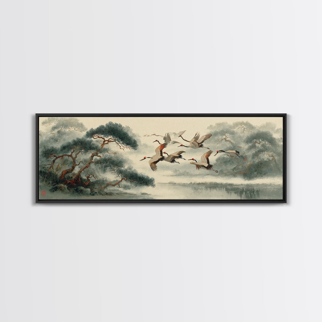 Ethereal Cranes Flying Through Pale Morning Mist Canvas Print, Above Bed Art, Dopamine Decor, Bedroom Decor, Abstract Art, ABA-3x1-25
