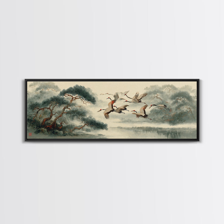 Ethereal Cranes Flying Through Pale Morning Mist Canvas Print, Above Bed Art, Dopamine Decor, Bedroom Decor, Abstract Art, ABA-3x1-25