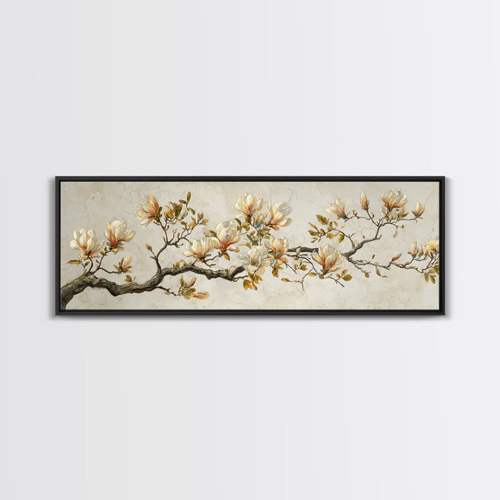 Delicate Magnolia Branch on Cream Background Framed Canvas Print, Above Bed Art, Bedroom Wall Decor, Bedroom Decor, Serenity, ABA-3x1-32
