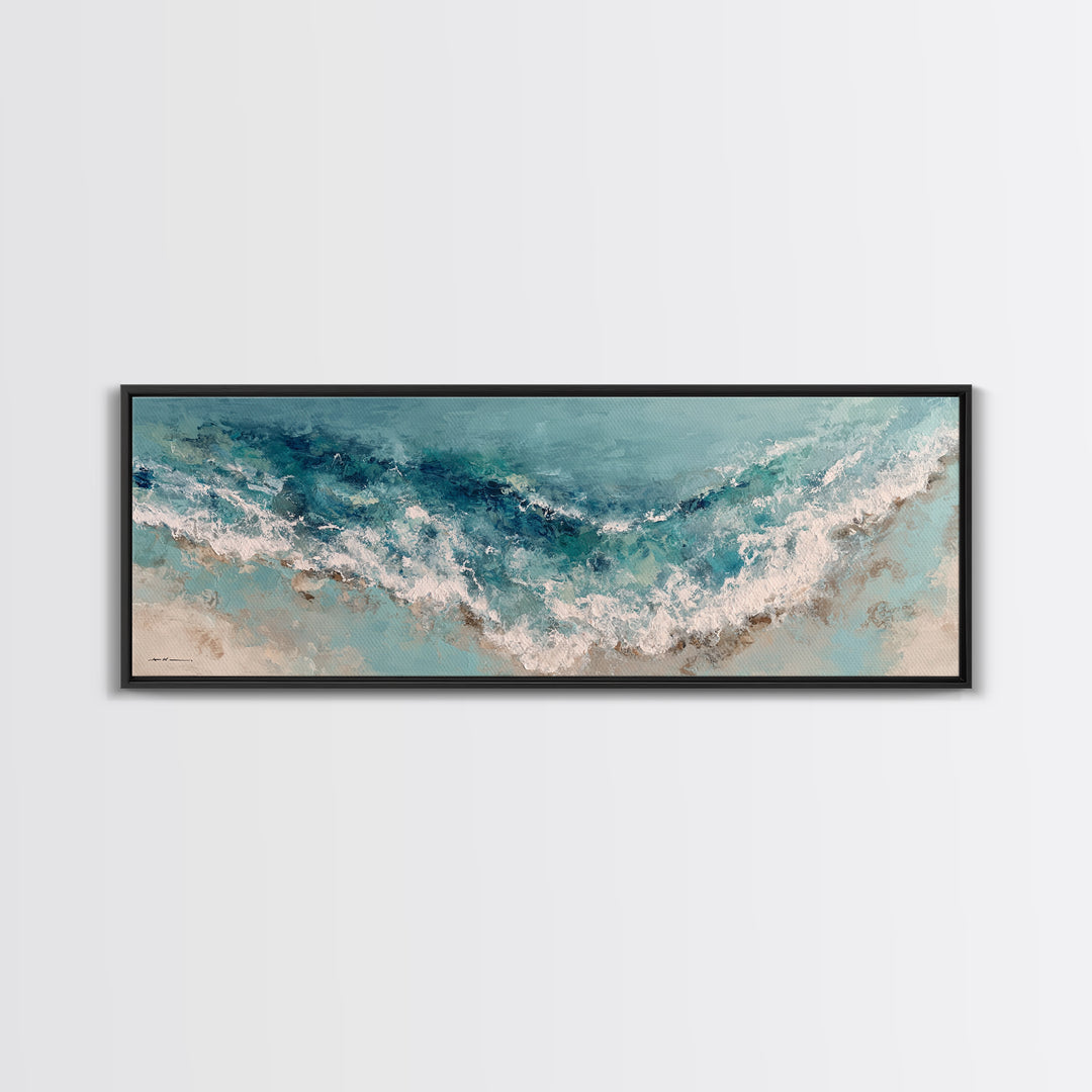 Serene Ocean Tide Seen from Above Framed Canvas Print, Above Bed Art, Whimsical Decor, Bedroom Decor, Fine Art, Serenity, ABA-3x1-37