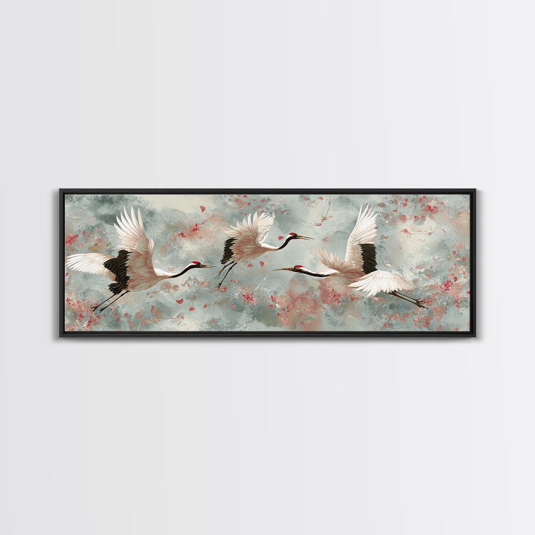 Ethereal Cranes Flying Through Pale Morning Mist Canvas Print, Above Bed Art, Dopamine Decor, Bedroom Decor, Abstract Art, ABA-3x1-49