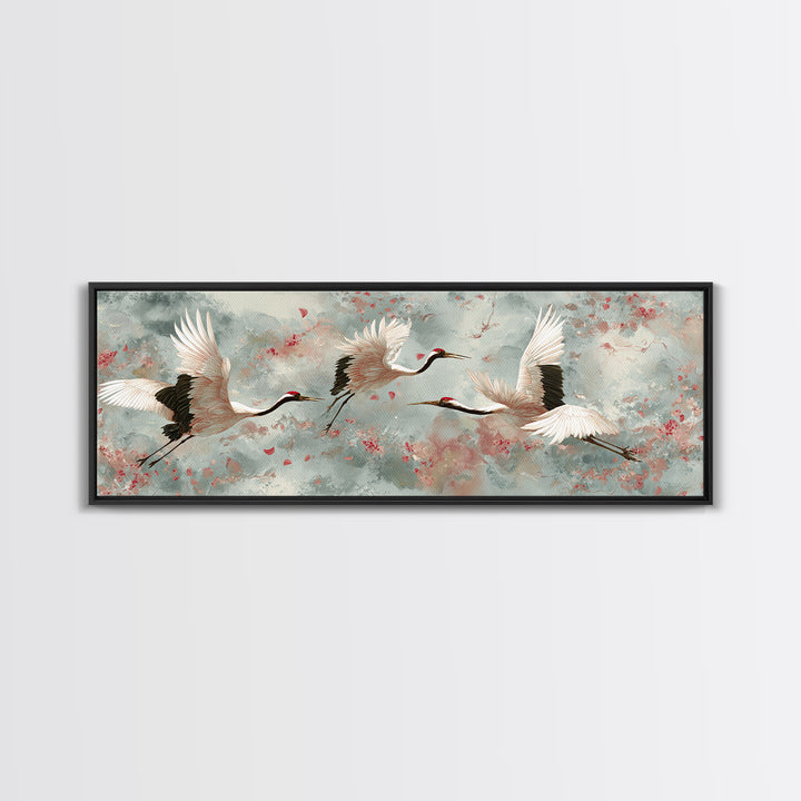 Ethereal Cranes Flying Through Pale Morning Mist Canvas Print, Above Bed Art, Dopamine Decor, Bedroom Decor, Abstract Art, ABA-3x1-49