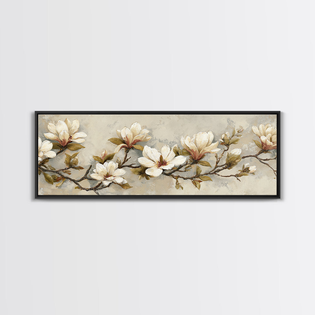 Delicate Magnolia Branch on Cream Background Canvas Print, Above Bed Art, Textured Painting, Bedroom Decor, Serenity, ABA-3x1-56