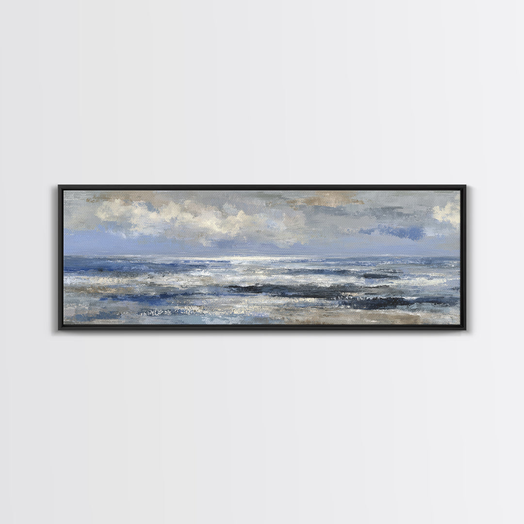 Quiet Moon over a Calm Ocean Horizon Framed Canvas Print, Above Bed Art, Large Wall Art, Bedroom Decor, Fine Art, Serenity, ABA-3x1-67