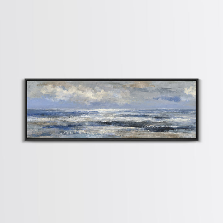 Quiet Moon over a Calm Ocean Horizon Framed Canvas Print, Above Bed Art, Large Wall Art, Bedroom Decor, Fine Art, Serenity, ABA-3x1-67