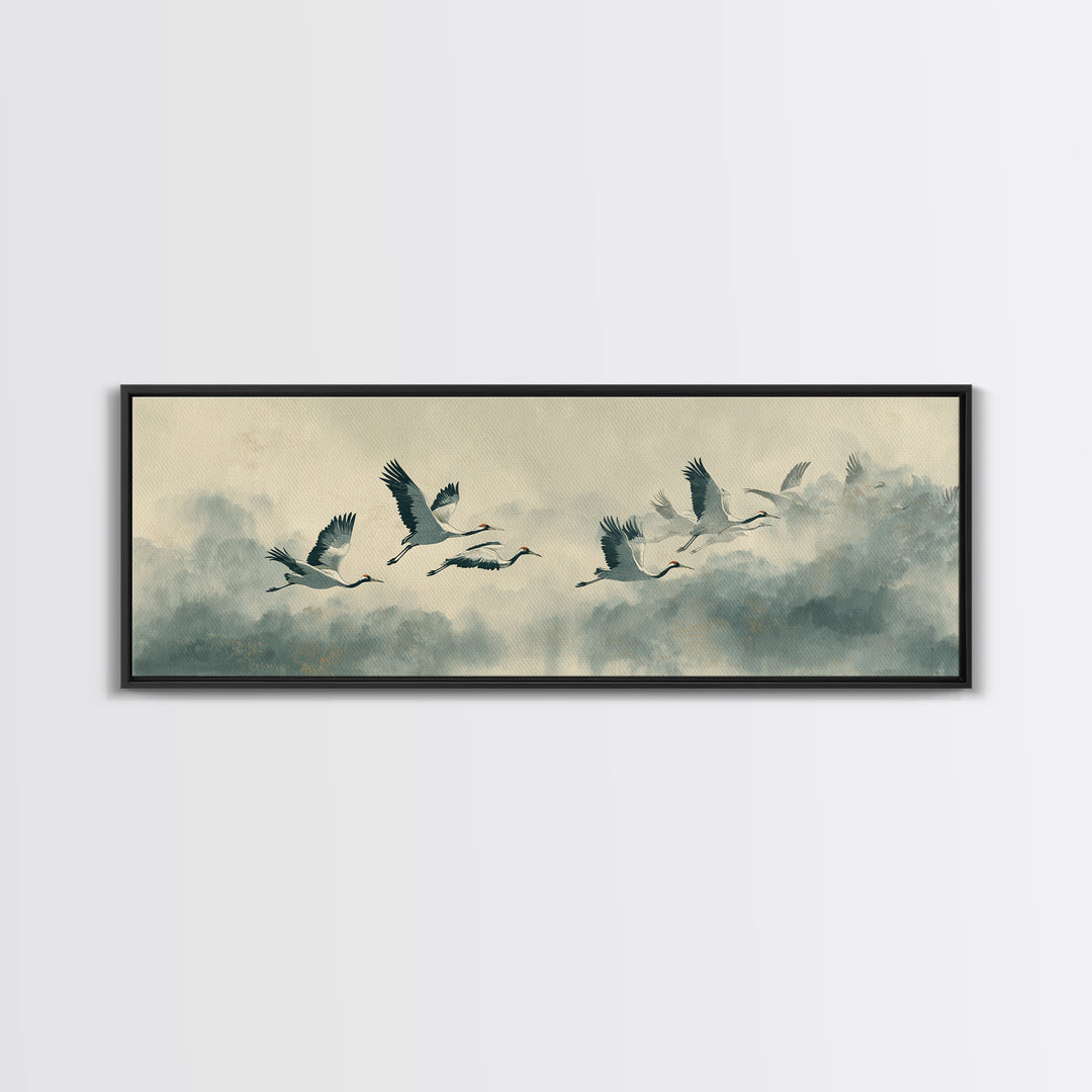 Ethereal Cranes Flying Through Pale Morning Mist Canvas Print, Above Bed Art, Living Room Wall Art, Bedroom Decor, Serenity, ABA-3x1-73