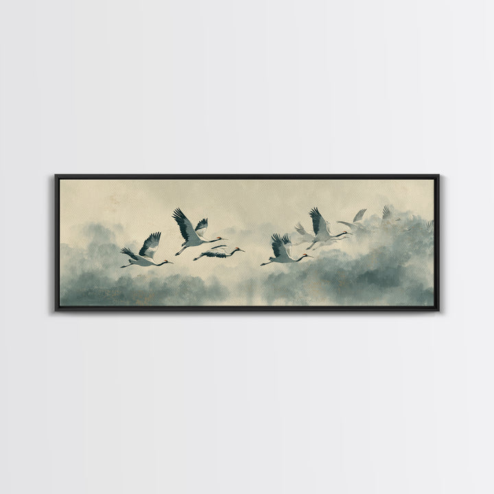 Ethereal Cranes Flying Through Pale Morning Mist Canvas Print, Above Bed Art, Living Room Wall Art, Bedroom Decor, Serenity, ABA-3x1-73