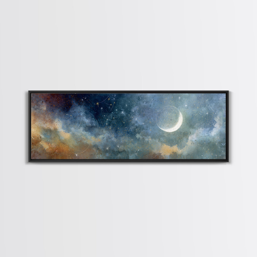 Subtle Celestial Scene Framed Canvas Print, Above Bed Art, Japanese Wall Art, Bedroom Decor, Fine Art, Serenity, Neutral Decor, ABA-3x1-77