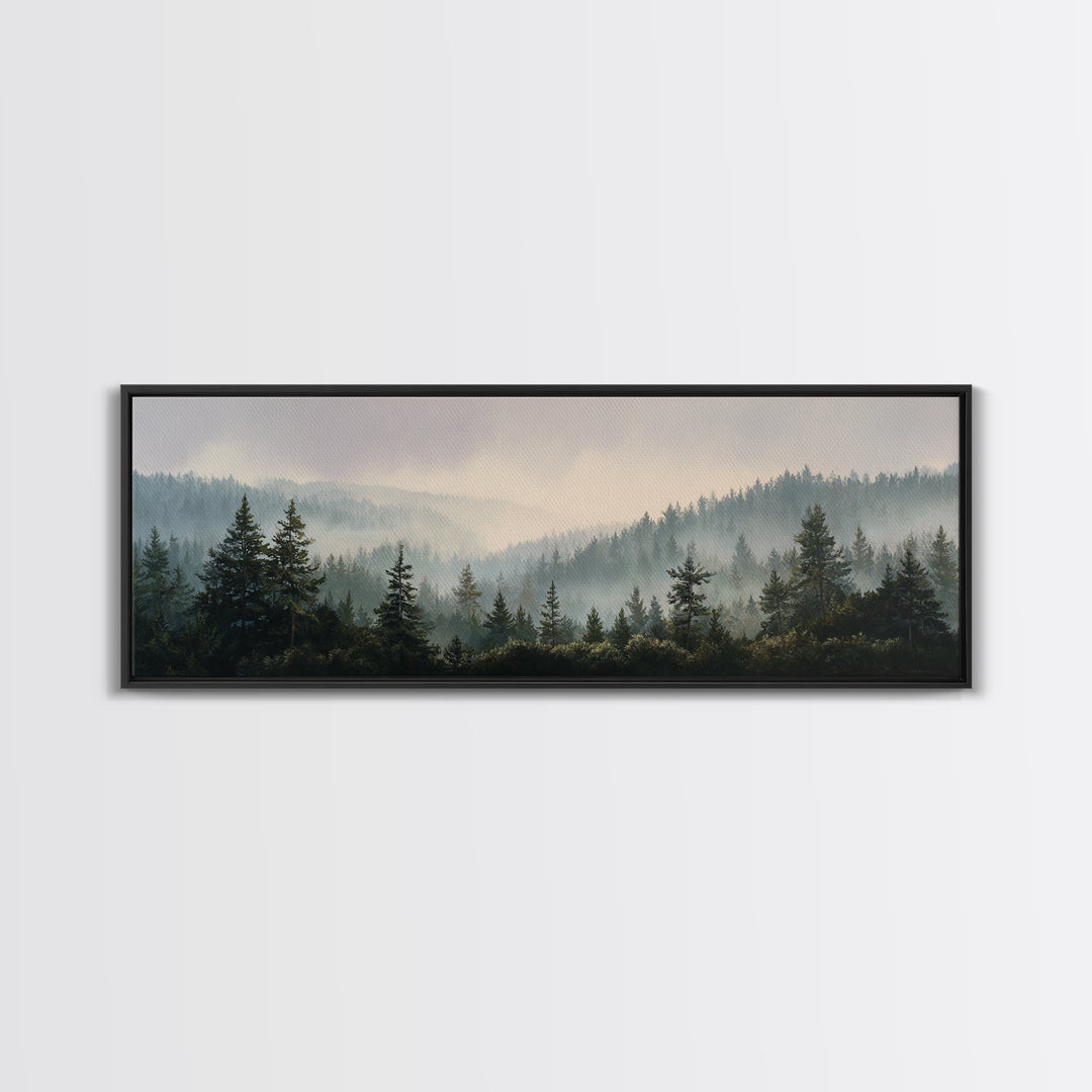 Quiet Forest Ridge Softened by Fog Canvas Print, Above Bed Art, Digital Prints, Bedroom Decor, Oil Painting, Serenity, ABA-3x1-78