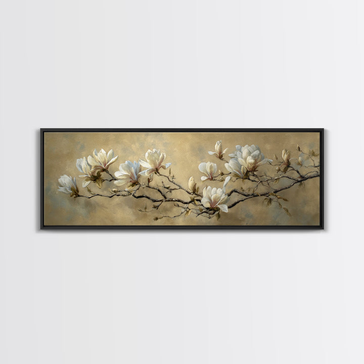 Delicate Magnolia Branch on Cream Background Canvas Print, Above Bed Art, Digital Prints, Bedroom Decor, Watercolor Art, ABA-3x1-80