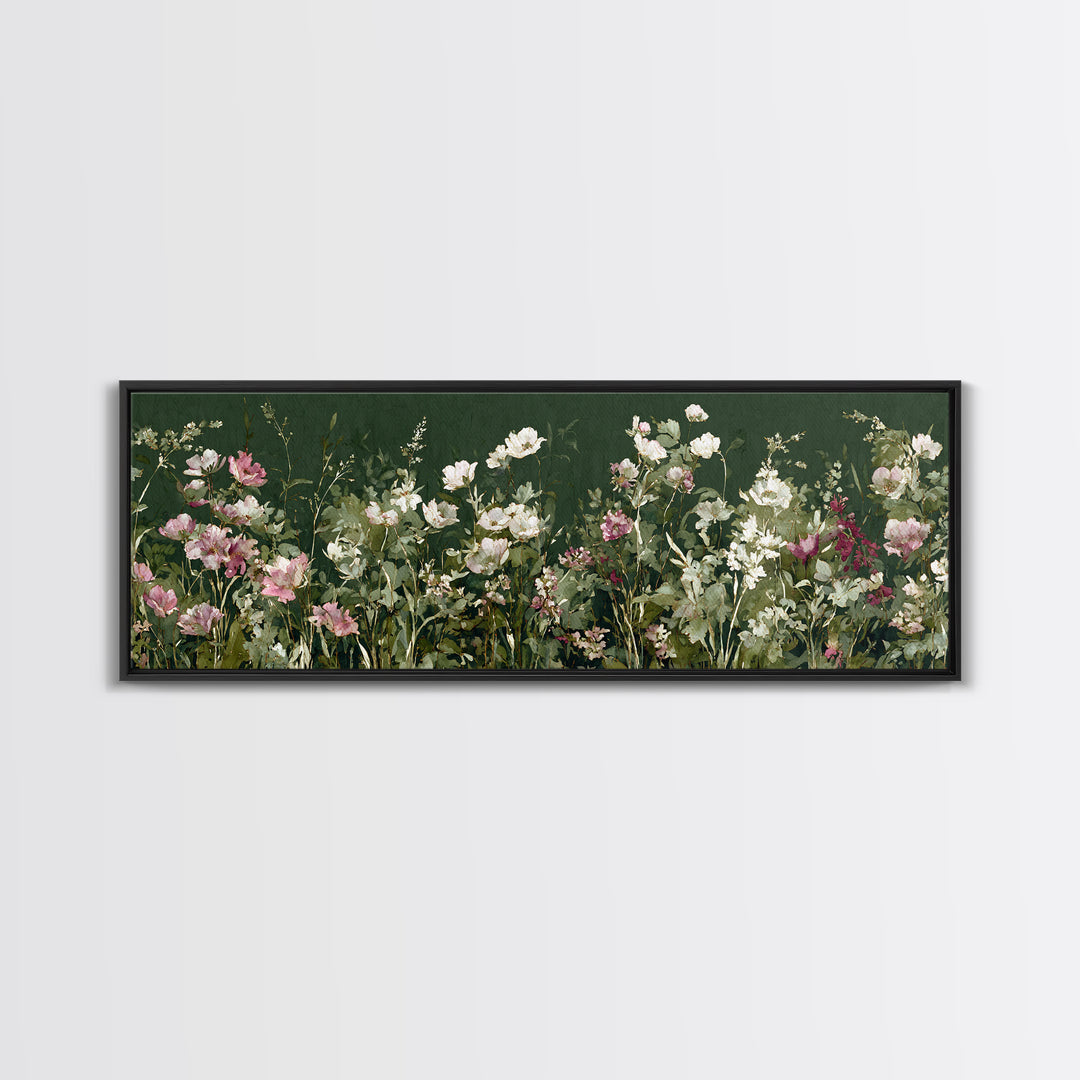 Wide Meadow of Muted Wildflowers at Dusk Canvas Print, Above Bed Art, Boho Wall Decor, Bedroom Decor, Oil Painting, Serenity, ABA-3x1-98