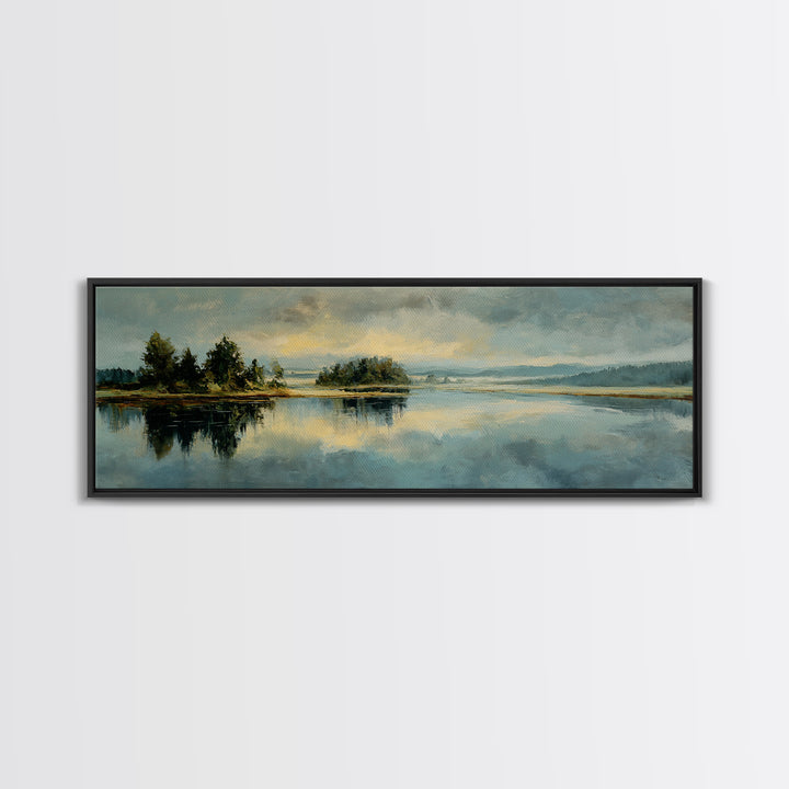 Calming Lake Reflection Framed Canvas Print, Above Bed Art, Bedroom Decor, Oil Painting, Serenity, Canvas Wall Art, ABA-3x1-99