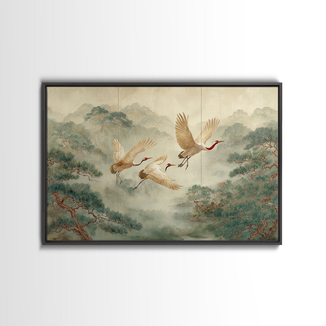 Ethereal Cranes Flying Through Pale Morning Mist Canvas Print, Above Bed Art, Living Room Decor, Bedroom Decor, Serenity, ABA-3x2-13