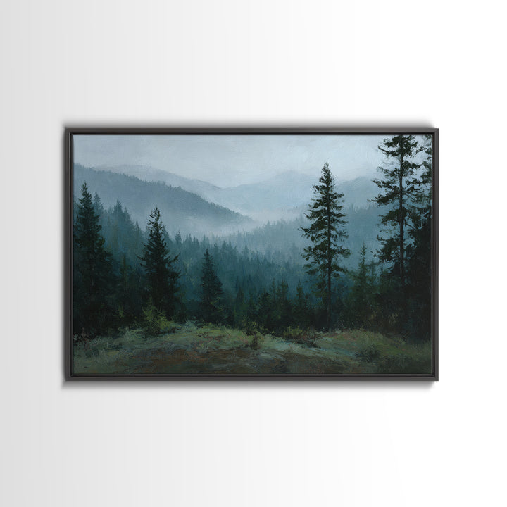 Quiet Forest Ridge Softened by Fog Framed Canvas Print, Above Bed Art, Large Wall Art, Bedroom Decor, Fine Art, Serenity, ABA-3x2-18