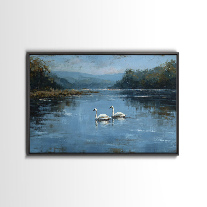 Paired Swans in a Dreamy Painterly Lake Framed Canvas Print, Above Bed Art, Printable Wall Art, Bedroom Decor, Serenity, ABA-3x2-2